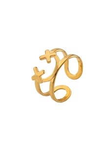 Detail of 18k gold plated stainless steel ring featuring double layers and double crosses
