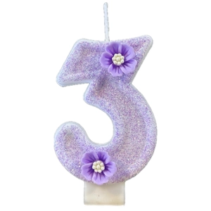 Purple glitter number 3 birthday candle with 3D flower decorations for party cakes