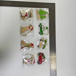Detailed view of rustic wooden Christmas ornaments with size measurements and jute twine