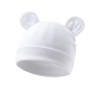 Close-up of white knitted baby beanie with cute 3D round ears and soft rolled edges