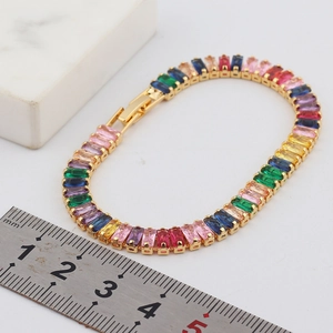 Detail view of rainbow cubic zirconia tennis bracelet measuring approximately 17cm in length
