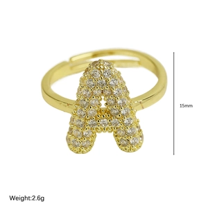 Gold balloon bubble letter A open ring paved with cubic zirconia, 15mm height