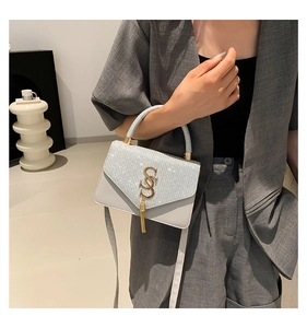 Detail of silver glitter crossbody bag featuring gold buckle and metallic tassel accents