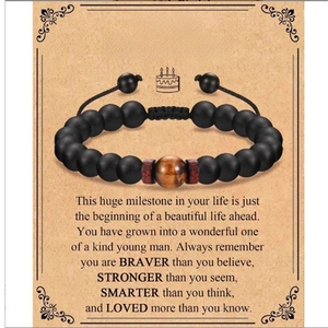 Men's 18th birthday gift black matte beaded bracelet with tiger eye on message card