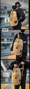 Detailed views of khaki canvas bucket backpack with drawstring closure and logo patch