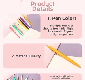 Close-up detail of colorful retractable ballpoint pens with plastic body.
