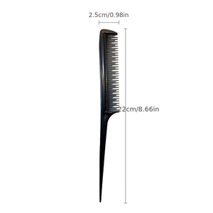Zwarte kunststof puntkam voor haarstyling met afmetingen 22cm lengte en 2,5cm breedte