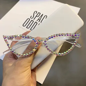 Chic cat eye sunglasses with colorful crystals and clear frame for fashion women