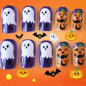 Αυτοκόλλητα νύχια Halloween με χαριτωμένα σχέδια από φαντάσματα και κολοκύθες