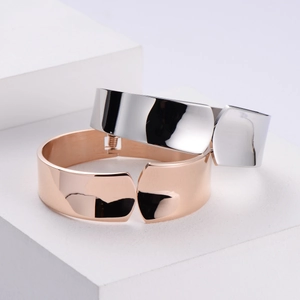 Minimalist wide mirror surface metal cuff bracelet in silver and rose gold finishes
