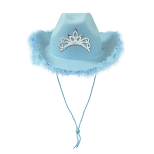 Light blue cowboy hat with silver crown pattern and fluffy feather trim on white background