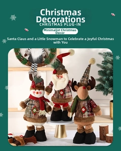 Detailed trio of telescopic Christmas plush toys with plaid scarves and wooden buttons