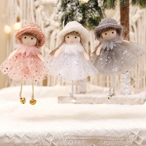 Cute Christmas Angel Girl Doll Hanging Ornaments Sequined Mesh Skirt Plush Hat For Xmas Tree Festive Home Decor