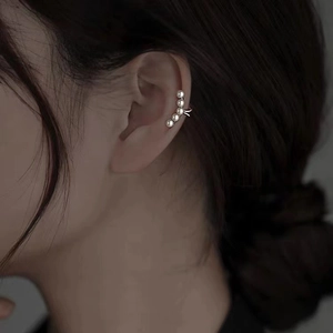 Elegant 925 silver plated pearl ear cuff for non-pierced ears shown on a female model