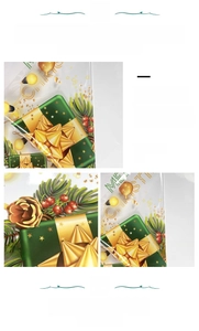 Detailed view of Christmas tree pattern gift paper with gold bows and red berries