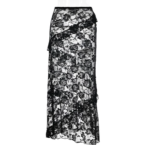 Women's black sheer lace long skirt with floral pattern and asymmetrical ruffle hem design