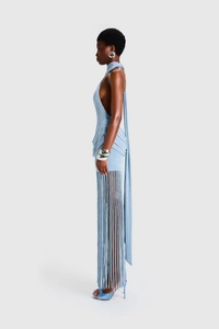 Light blue halter neck knit dress with long fringe tassels and side ruching detail