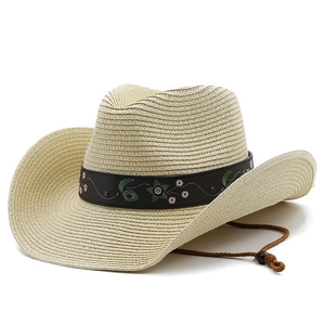 Unisex woven straw sun hat with ethnic floral embroidery and adjustable chin strap
