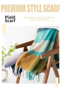 Detail of plaid mohair scarf with colorful tassels hanging on a vintage chair