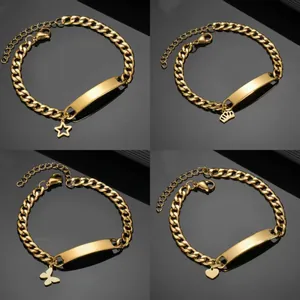 Stainless Steel Cuban Link ID Bracelet With Butterfly Heart Crown Star Charms Adjustable Fashion Jewelry For Women Men