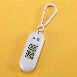 Close-up of portable electronic digital timer with white ABS plastic shell and hanging hook