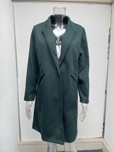 Detailed front view of a dark green wool blend long coat with notch lapels and buttons
