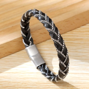 Handwoven black microfiber leather bracelet with silver stainless steel magnetic clasp