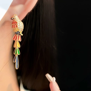 Detailed view of parrot earrings with crystal inlay and colorful enamel worn by a model