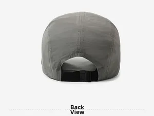 Detail of dark grey quick-dry baseball cap featuring an adjustable strap and plastic buckle
