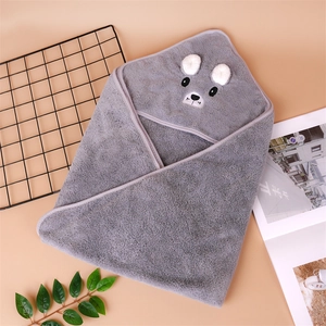 Cute grey hooded baby towel made of soft coral fleece with embroidered animal ears