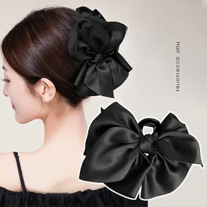 Eleganter großer schwarzer Satin-Schleifen-Haarclip für Damen, stilvolles Haar-Accessoire