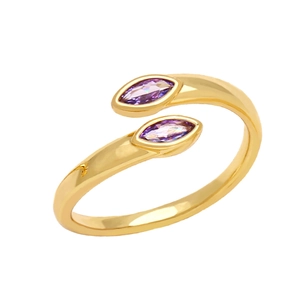 Adjustable gold bypass ring with two marquise-cut purple stones in a minimalist design
