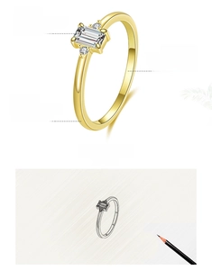 Detailed sketch and finished 925 silver ring with emerald-cut cubic zirconia stone