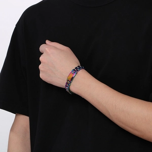 Rainbow plated stainless steel Cuban chain bracelet with a polished rectangle plaque