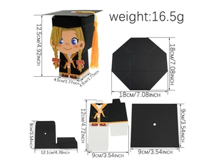 Detailed size chart of graduation cap candy box showing dimensions for party favor assembly