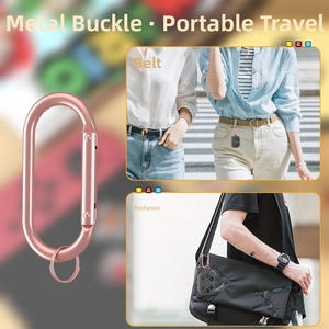 Rose gold oval carabiner clip for AirPods case shown on belt loop and backpack