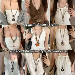 Bohemian Long Pendant Necklace Vintage Ethnic Alloy Wood Resin Ceramic Tassel Geometric Vacation Style For Women