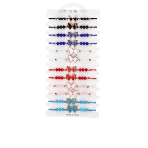 Set of 12 adjustable crystal beaded butterfly bracelets in six vibrant colors on card