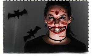 Scary Halloween mouth tattoo sticker with realistic red blood and sharp teeth on face