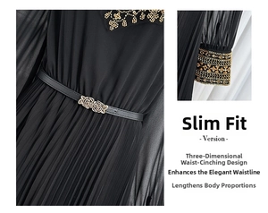 Detailed view of black chiffon dress with gold sequin embroidery and rose buckle belt