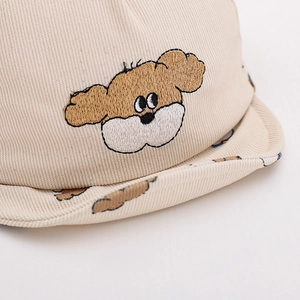 Beige corduroy baby baseball cap with puppy embroidery for 6-24 months infants