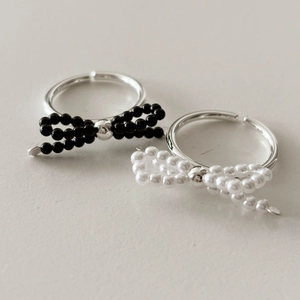 925 Sterling Silver Bow Knot Open Rings With Imitation Artificial Pearl Black Beads Adjustable Minimalist Korean Style Jewelry For Women