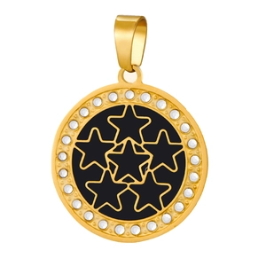Macro detail of gold round earrings with five-star pattern and crystal inlay on black background