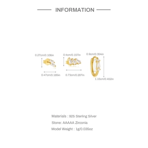 Macro detail of three 925 sterling silver gold earrings with zircon settings and dimensions
