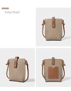 Detailed views of the khaki genuine leather crossbody phone bag with card slot on the back