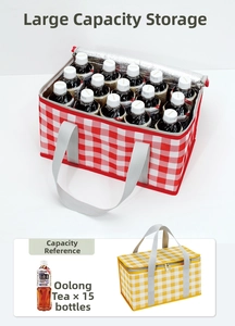 Internal view of large picnic cooler bag with thermal foil showing 15-bottle capacity