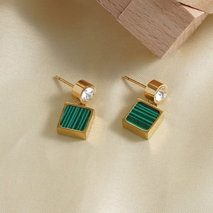 Elegant 18K gold stainless steel earrings with malachite squares and round zircons