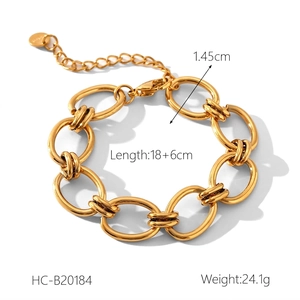 Close-up of gold stainless steel O-link bracelet with lobster clasp and adjustable chain