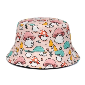 Sombrero de pescador Panamá rosa claro con lindos estampados de hongos de verano