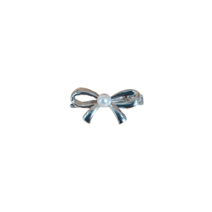 Silver bow hair claw clip with white pearl center on a clean white background